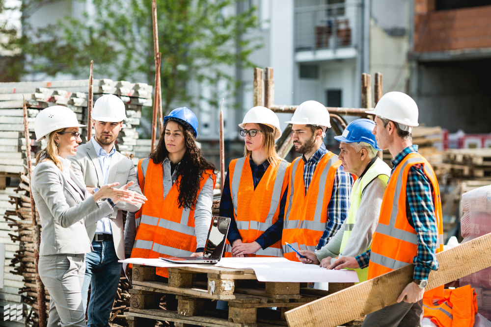 Group of construction workers taking part in a site safety meeting before starting work.