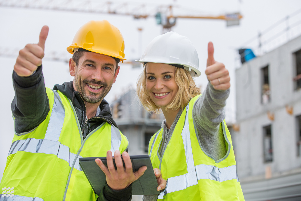 Construction worker using an iPad to complete a digital safety inspection on site.